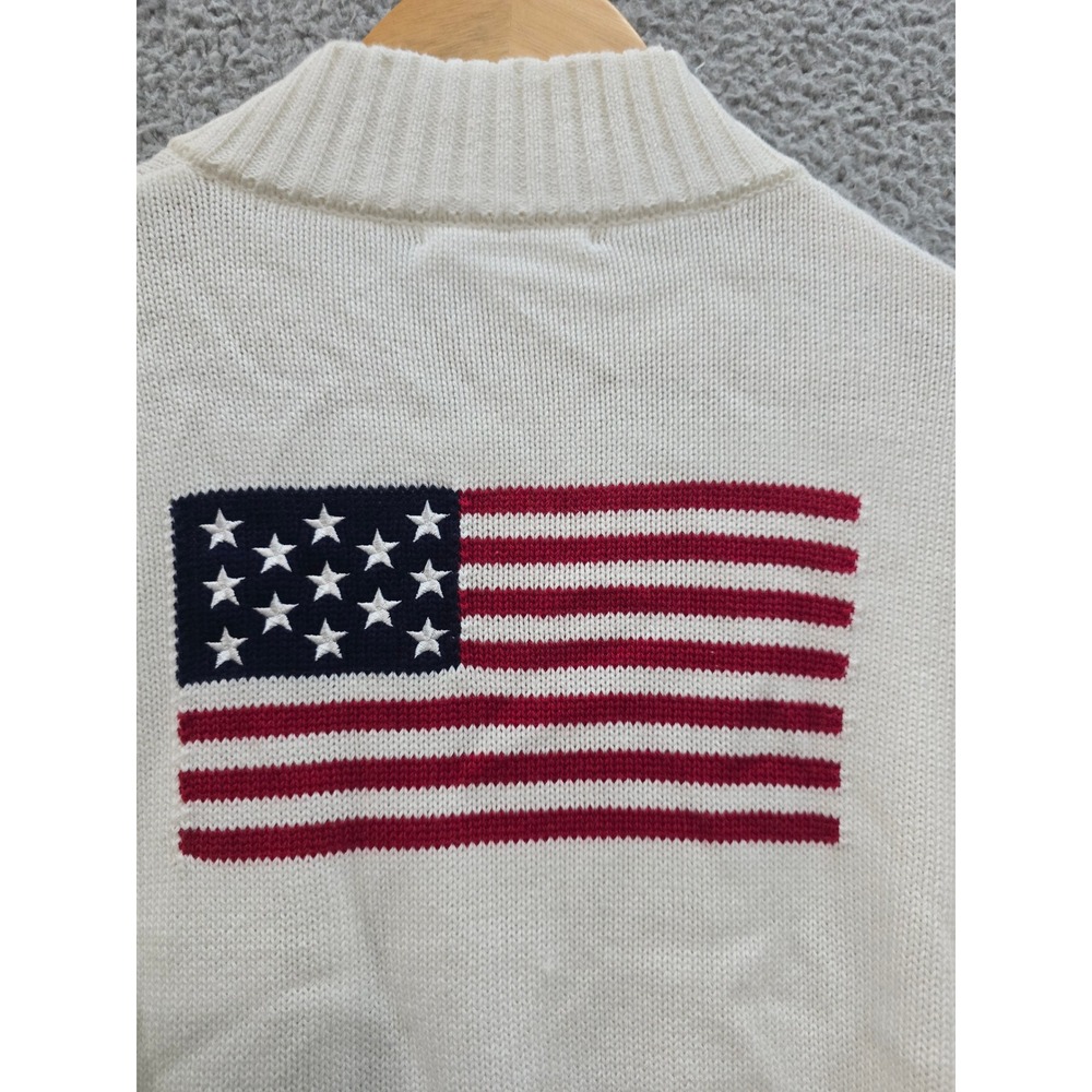 Patriotic White Cotton Full Zip American Flag Mock Neck Sweater Cardigan Medium - Picture 4 of 7